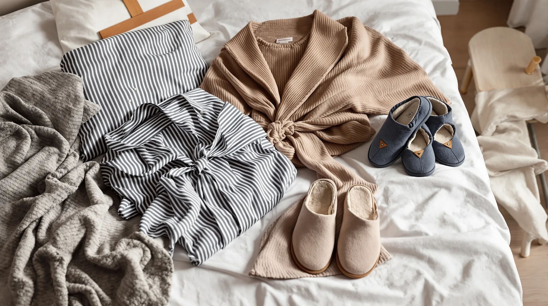 Pyjama rayé, peignoir en coton gaufré et chaussons en feutre posés sur un lit en lin blanc